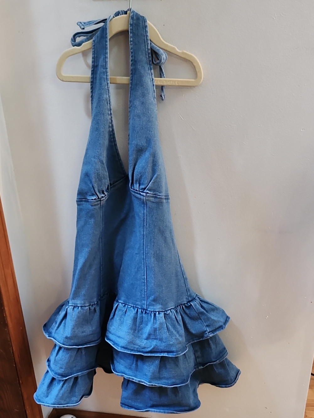 Denim Halter Mini Dress with Tiered Ruffle Skirt - Blue